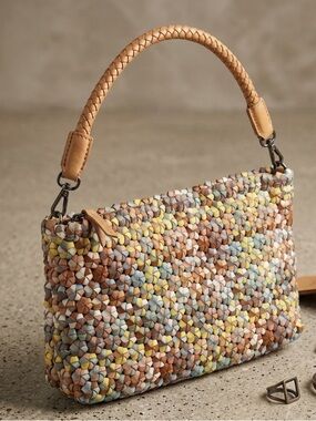 Leather‎ Woven Bead Handbag in Multicolor with Tan Handle Bohemian Shoulder Bag